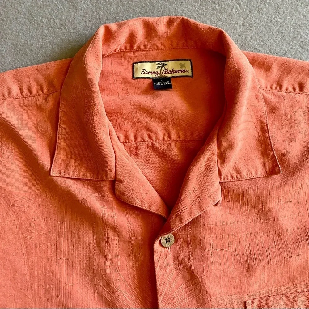 Tommy Bahama Men's Short Sleeve 100% Silk Shirt Orange Tropical Leaf Size Large